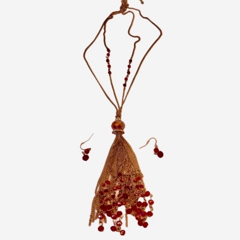 Red Bead Gold Chain Tassel Pendant Necklace Dangle Earrings Set Fashion Jewelry